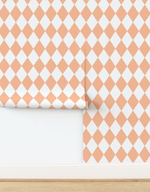 Large Diamond Checks in Peach Fuzz Color of the Year 2024 and White Wallpaper