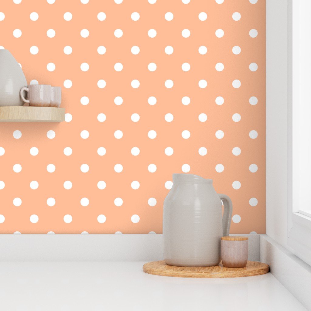 Two Inch Polka Dot Spots in Peach Fuzz Color of the Year 2024 and White Wallpaper