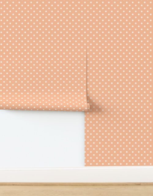 One Inch Polka Dot Spots in Peach Fuzz Color of the Year 2024 and White Wallpaper