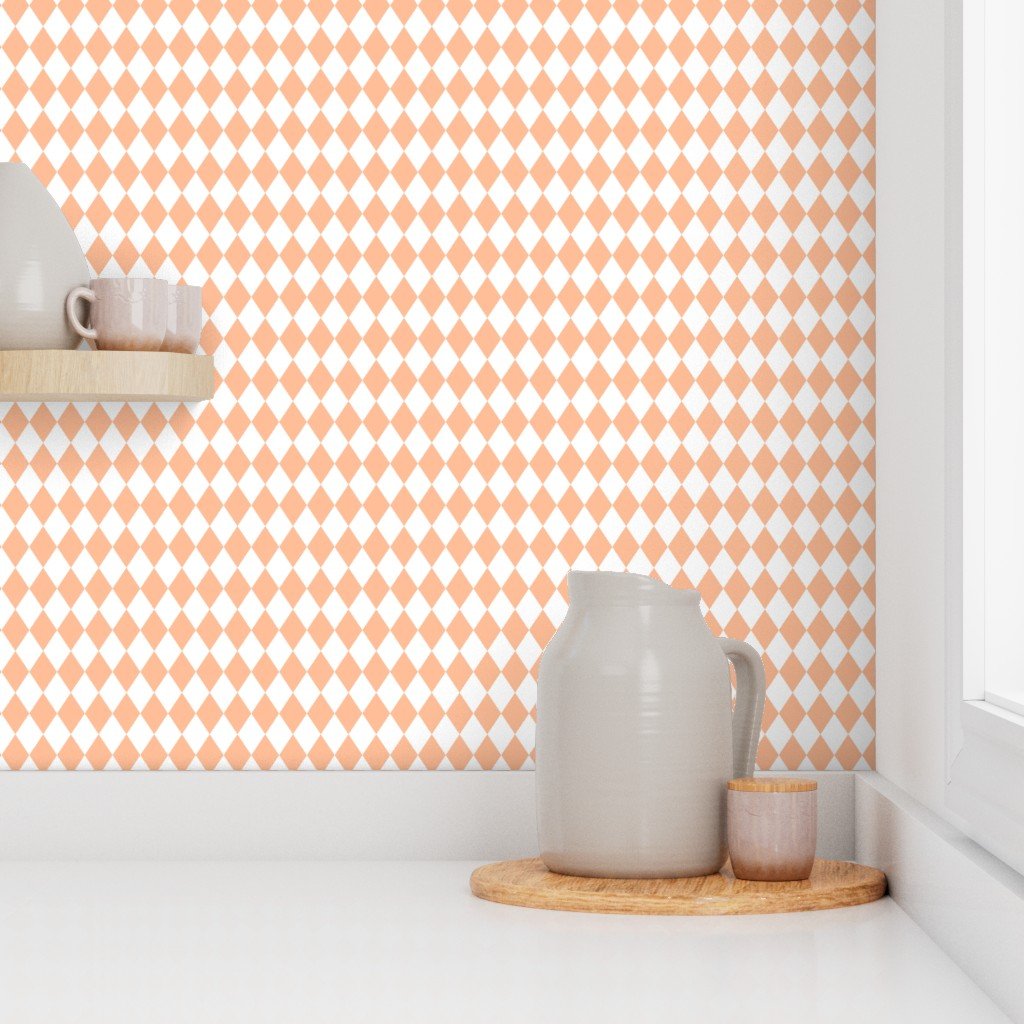 Small Diamond Checks in Peach Fuzz Color of the Year 2024 and White Wallpaper