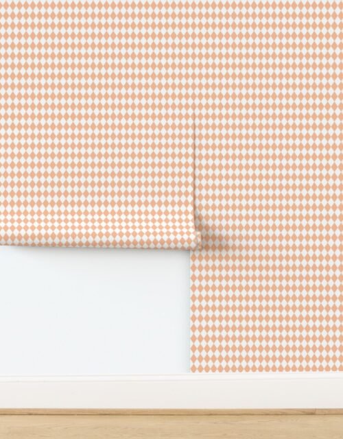 Small Diamond Checks in Peach Fuzz Color of the Year 2024 and White Wallpaper