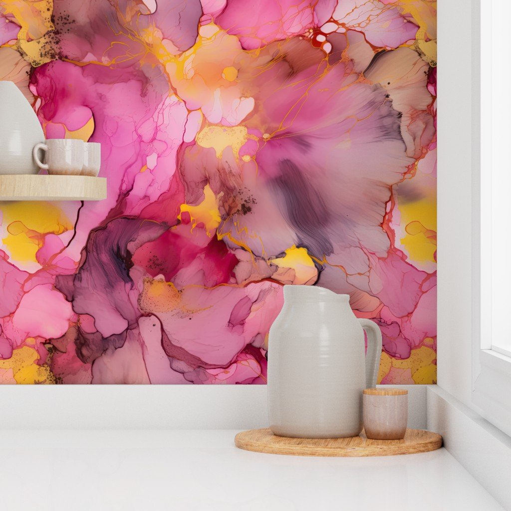 Dawn Pink Yellow and Rose Gold Alcohol Ink Liquid Swirls Wallpaper