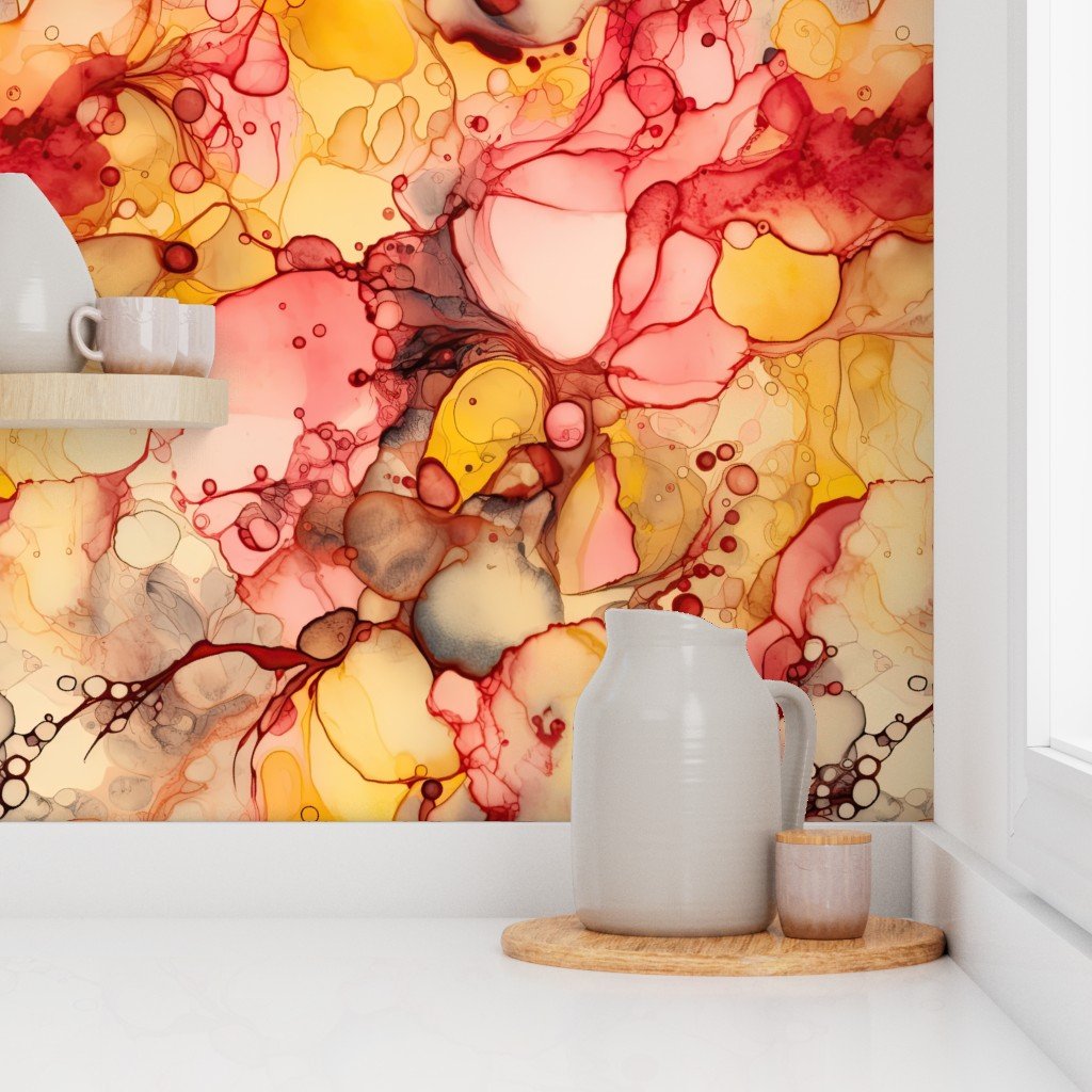 Sunrise Yellow and Peach with Rose Gold Alcohol Ink Liquid Swirls Wallpaper