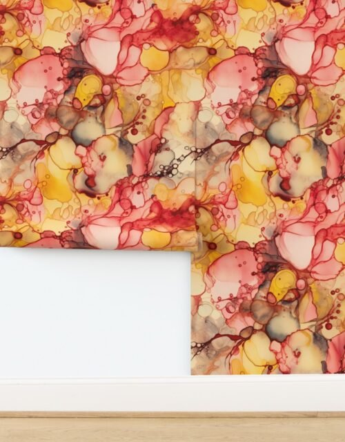 Sunrise Yellow and Peach with Rose Gold Alcohol Ink Liquid Swirls Wallpaper