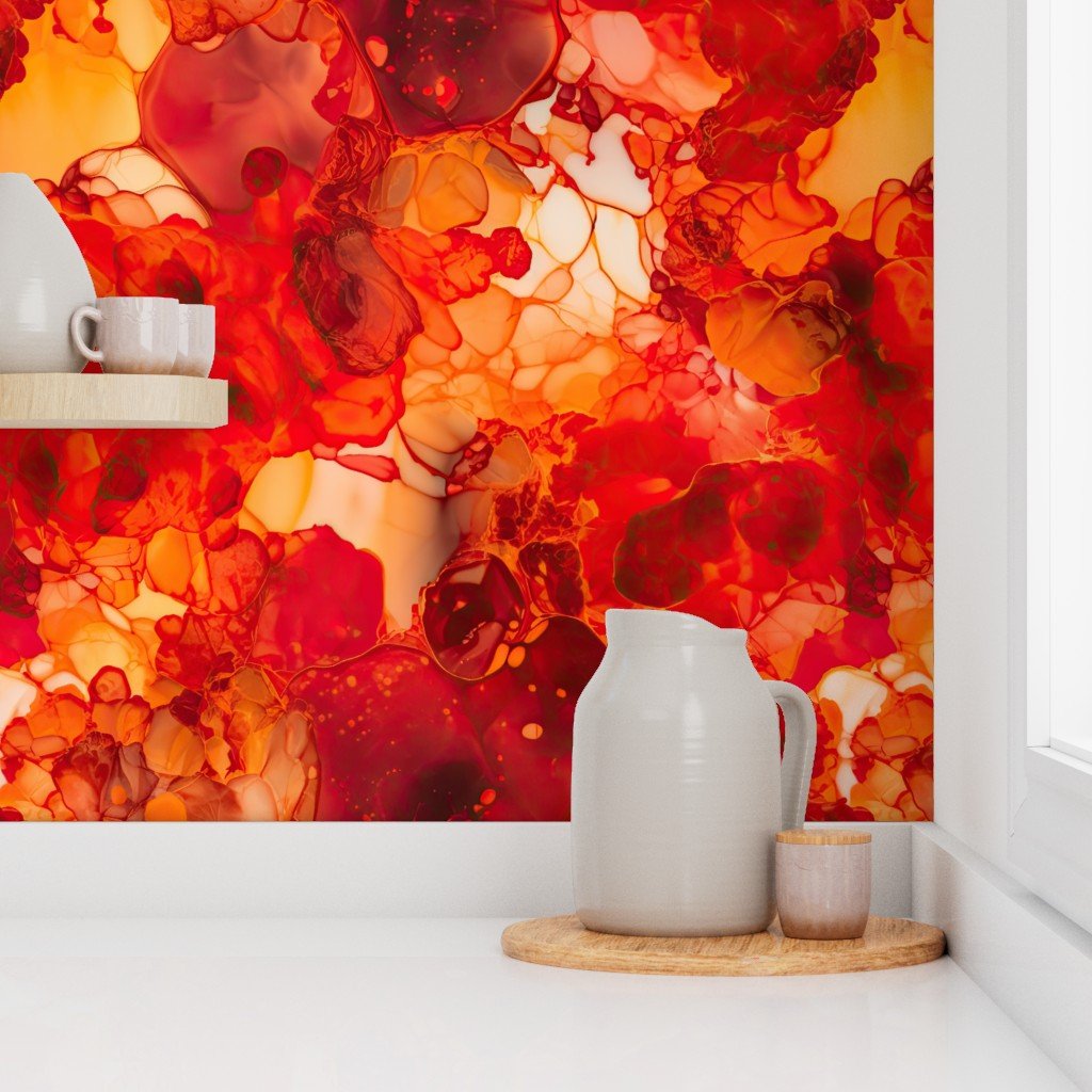 Sunset Orange and Red with Rose Gold Alcohol Ink Liquid Swirls Wallpaper