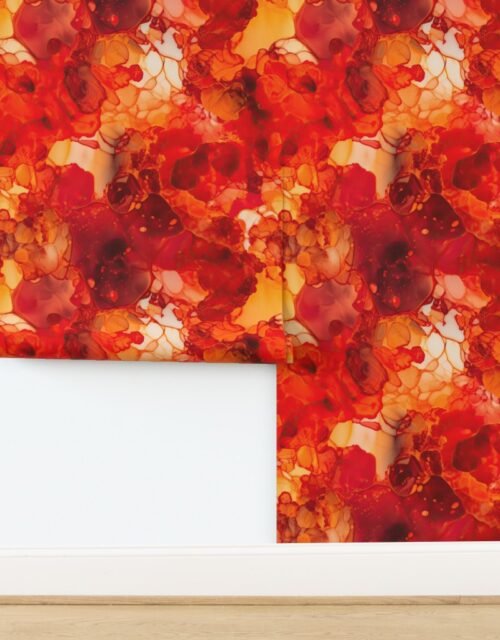 Sunset Orange and Red with Rose Gold Alcohol Ink Liquid Swirls Wallpaper