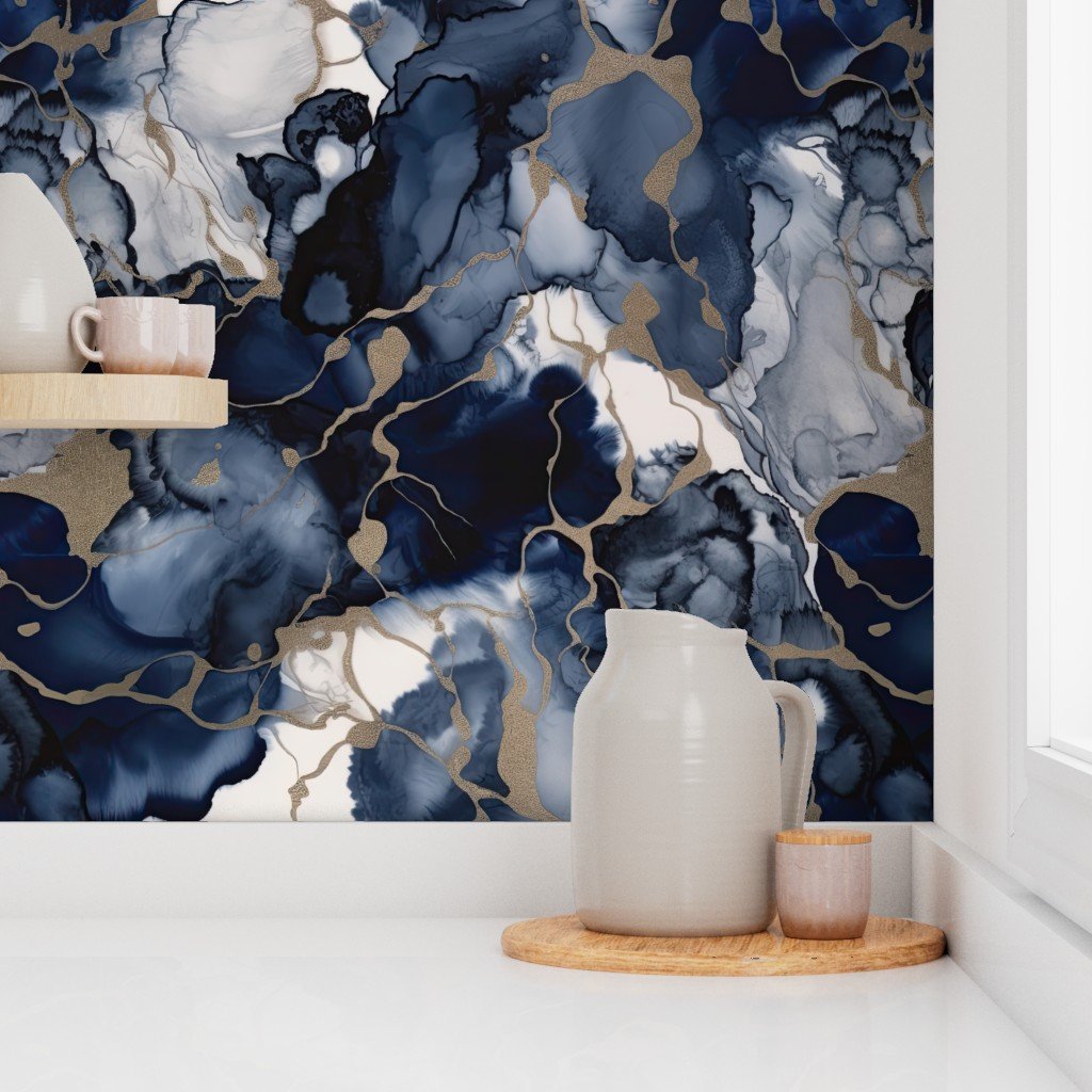 Twilight Navy Blue and Grey with Antique Gold Alcohol Ink Liquid Swirls Wallpaper