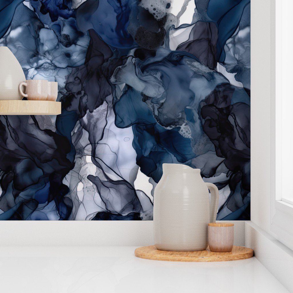 Twilight Navy Blue Lavender and Grey Alcohol Ink Liquid Swirls Wallpaper