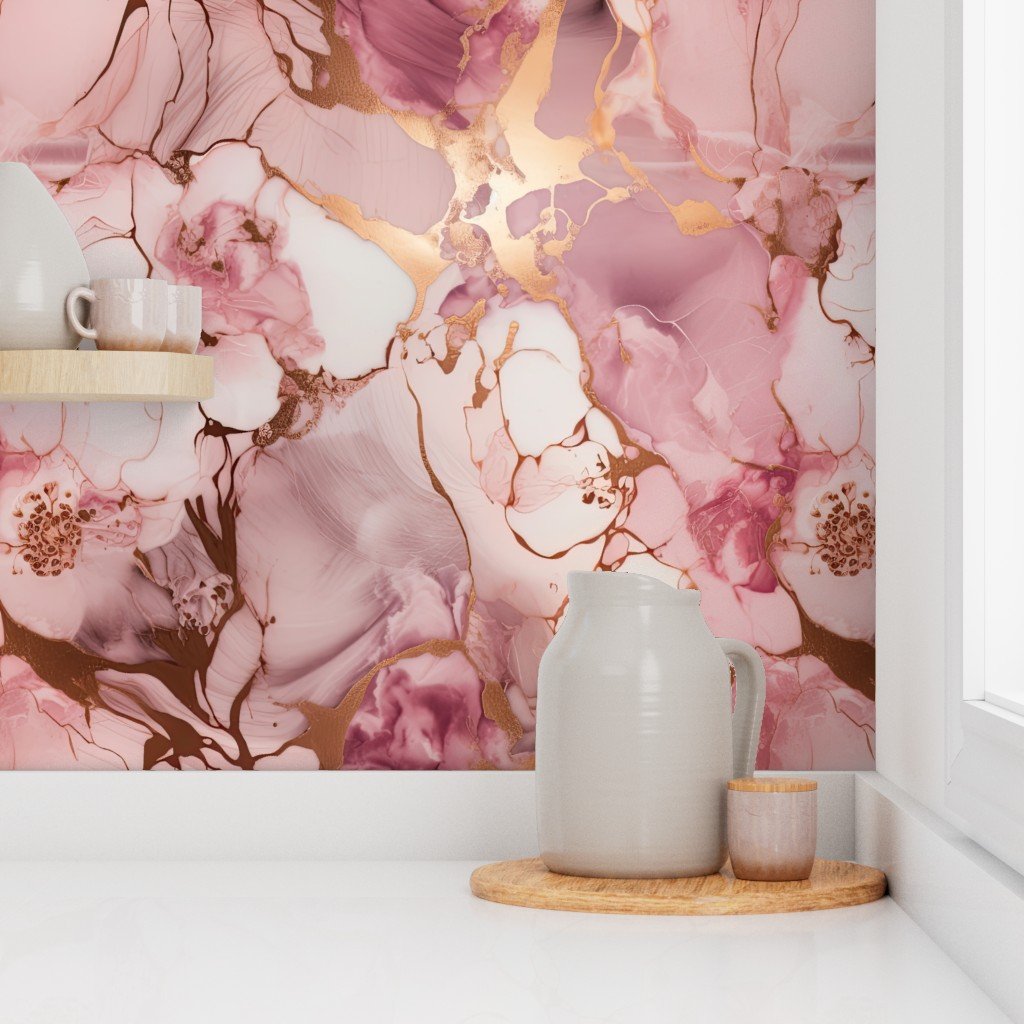 Pale Pink and Rose Gold Alcohol Ink Liquid Swirls Wallpaper