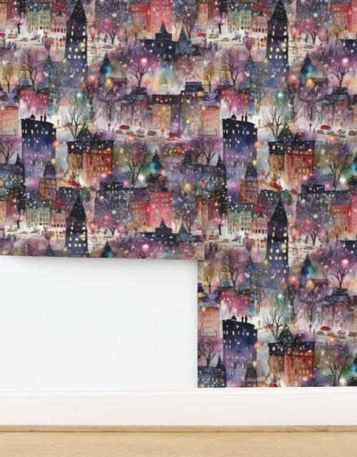 Large New York City Christmas Street Watercolor Wallpaper