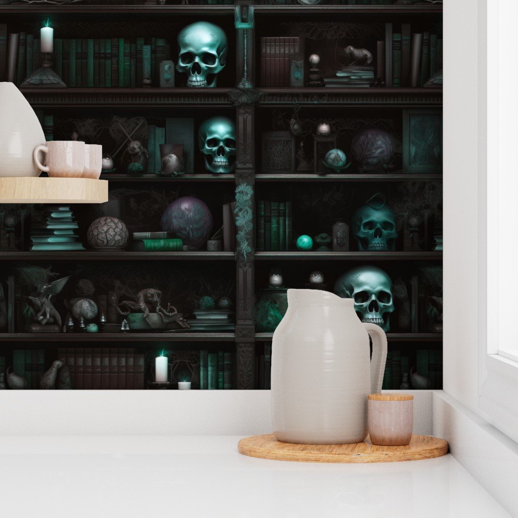 Spooky Photo realistic Dark Academia Bookshelves in Aqua with Glowing Wallpaper