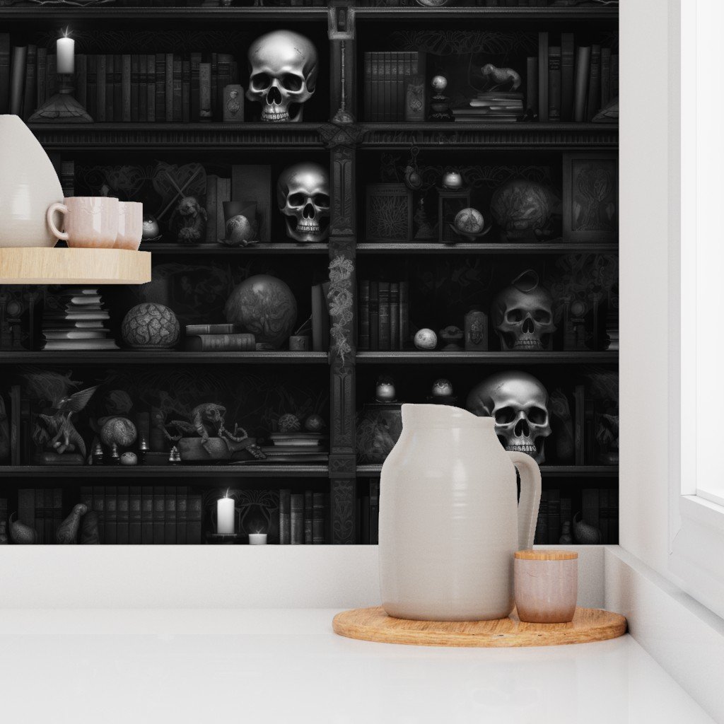 Spooky Photo realistic Dark Academia Bookshelves in Black and White with Wallpaper