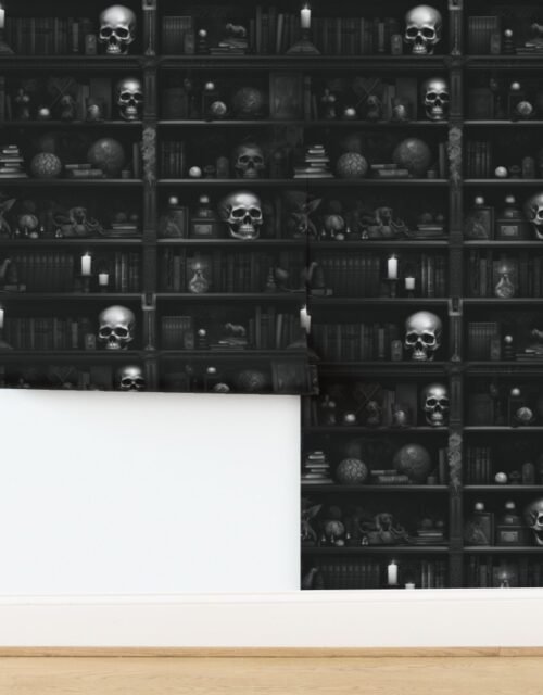 Spooky Photo realistic Dark Academia Bookshelves in Black and White with Wallpaper
