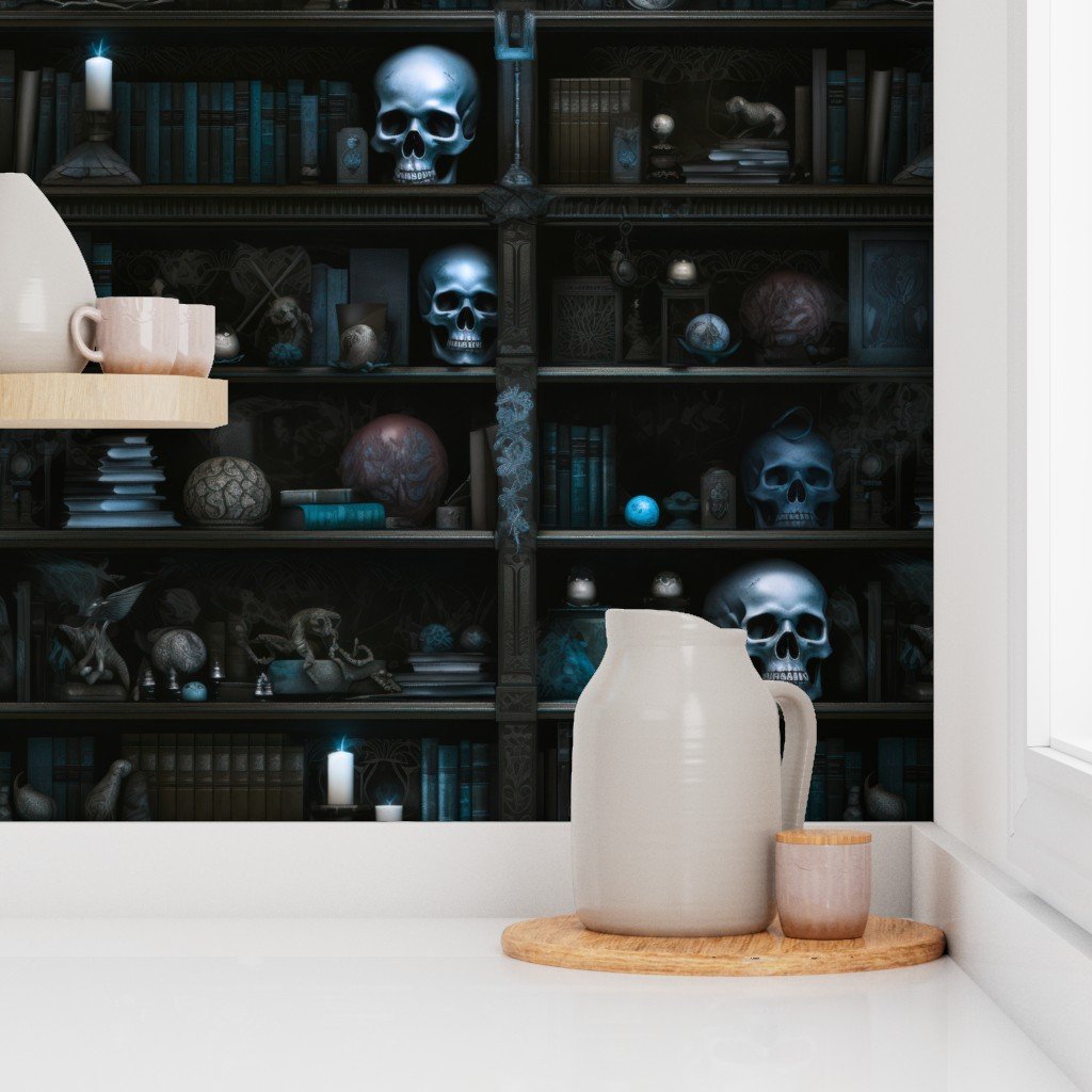 Spooky Photo realistic Dark Academia Bookshelves in Blue with Glowing Wallpaper