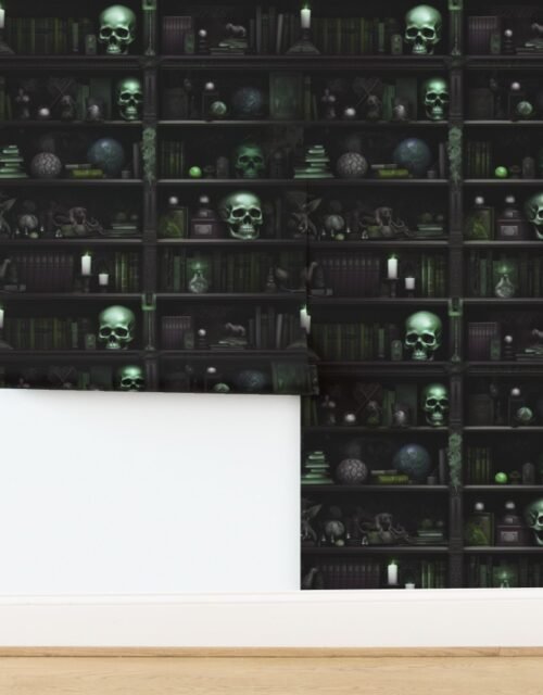 Spooky Photo realistic Dark Academia Bookshelves in Green with Glowing Wallpaper
