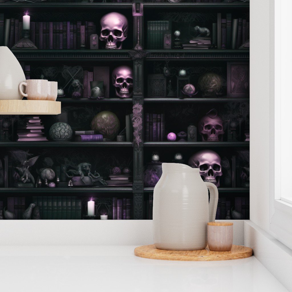 Spooky Photo realistic Dark Academia Bookshelves in Pink with Glowing Wallpaper