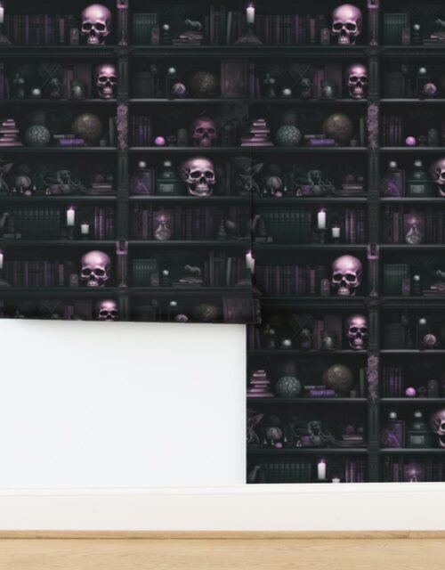 Spooky Photo realistic Dark Academia Bookshelves in Pink with Glowing Wallpaper