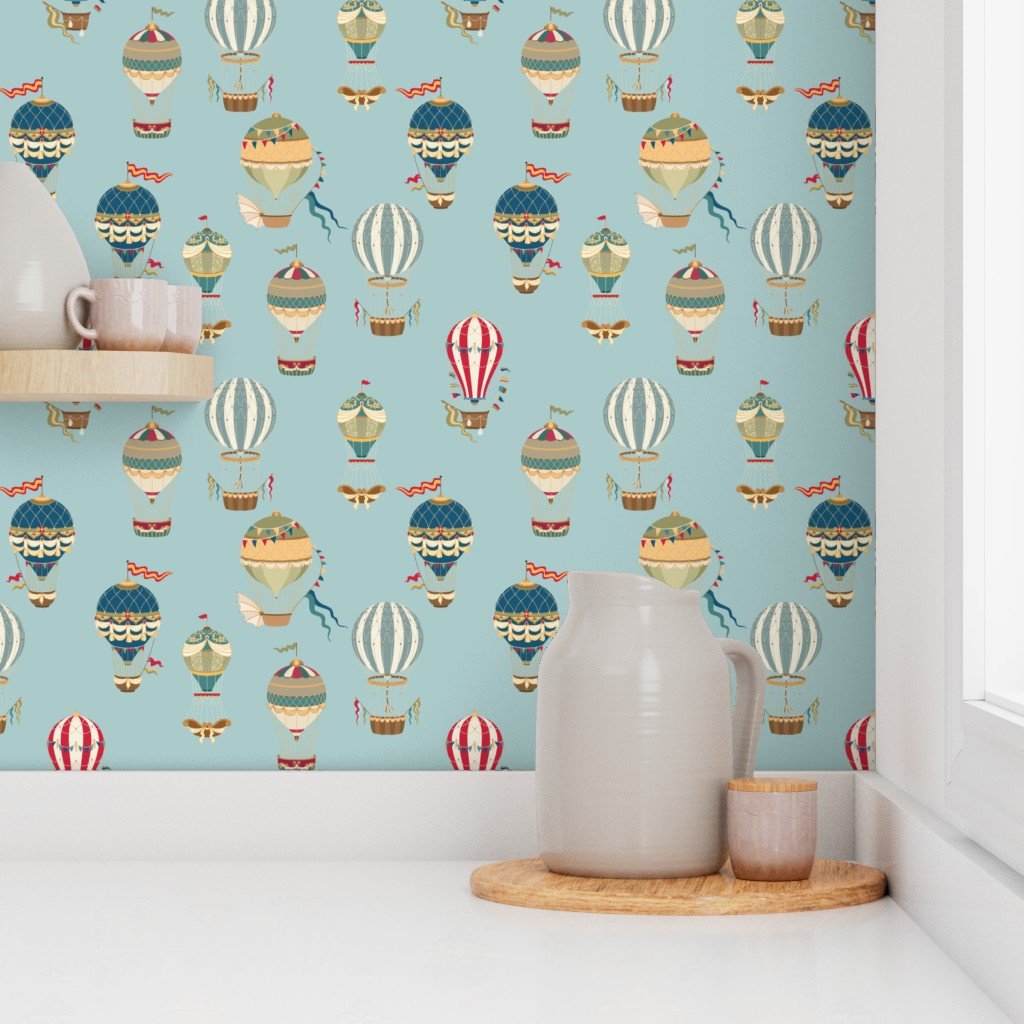 Small Vintage Hot Air Balloons in Sky Blue Wallpaper