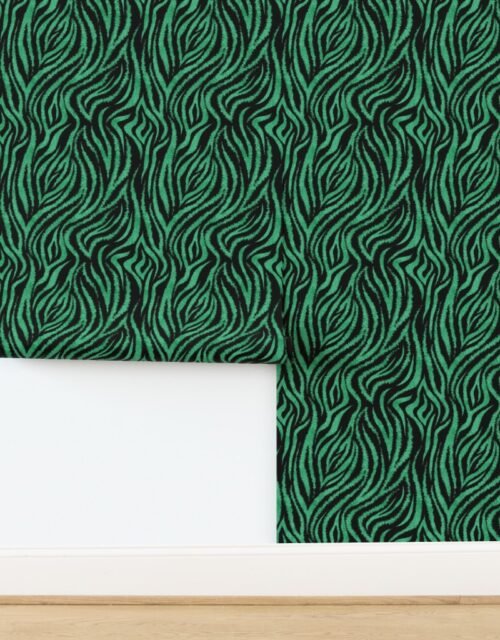 Small Textured Animal Striped Tiger Fur in Bold Emerald Green and Black Wallpaper