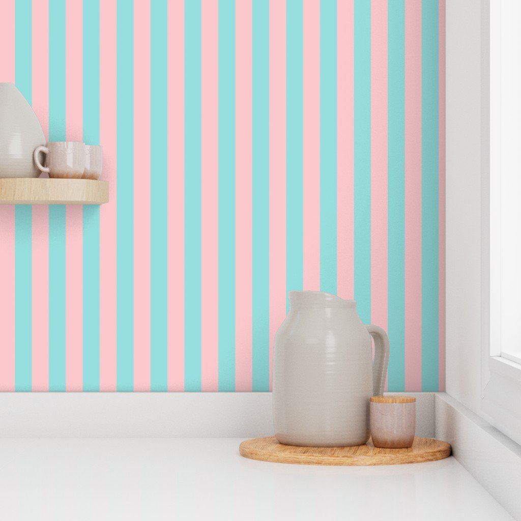 Pink and Aqua Summer Gazebo Beach Hut 1 Inch Wide Stripes Wallpaper