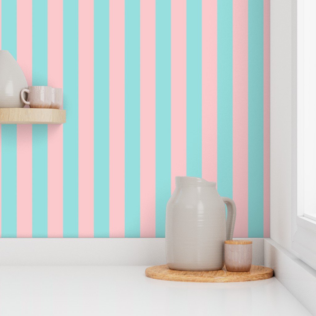 Pink and Aqua Summer Gazebo Large 1.5 Inch Wide Stripes Wallpaper