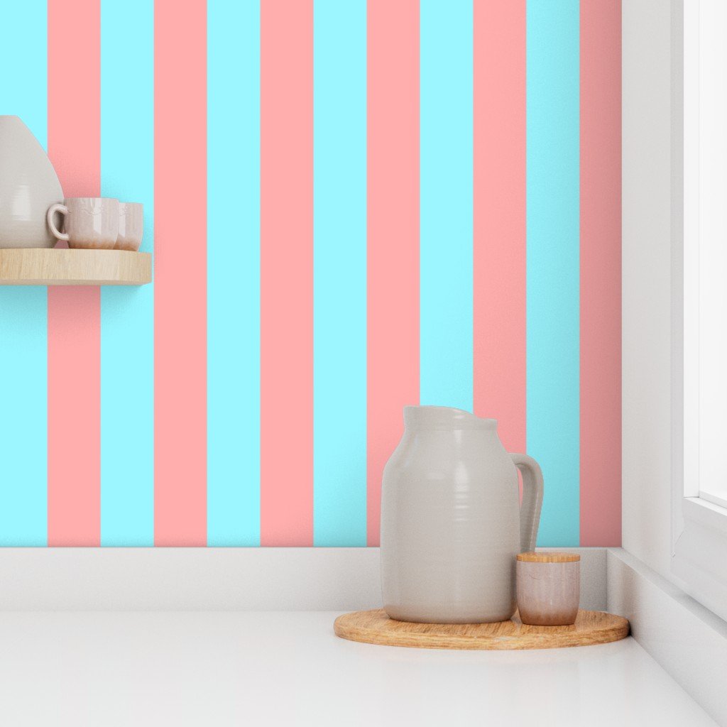 Sand Pink and Aqua Pool Blue Summer Gazebo Stripes 3 inch Wallpaper