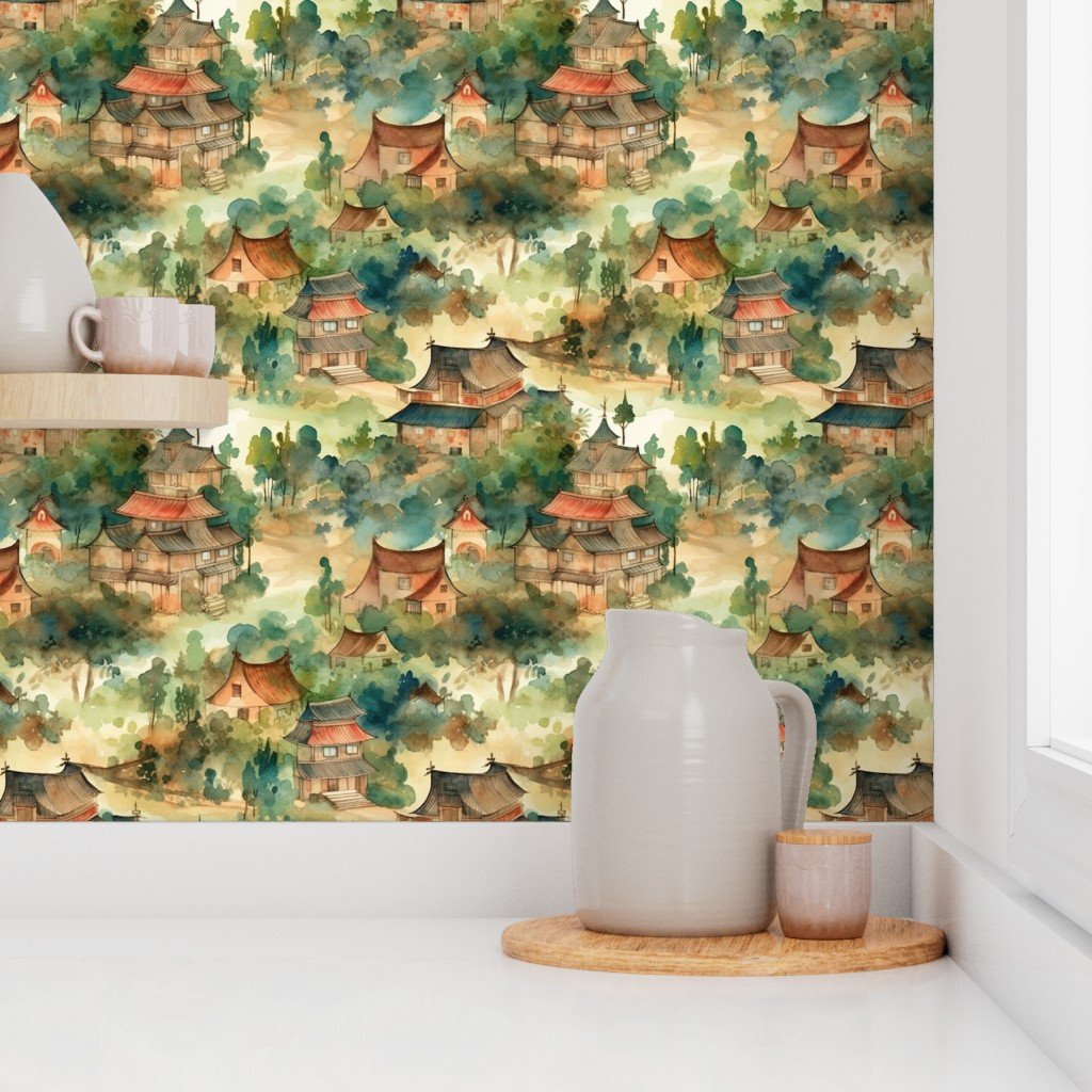 Small Chinese Village in Forest Watercolor Wallpaper