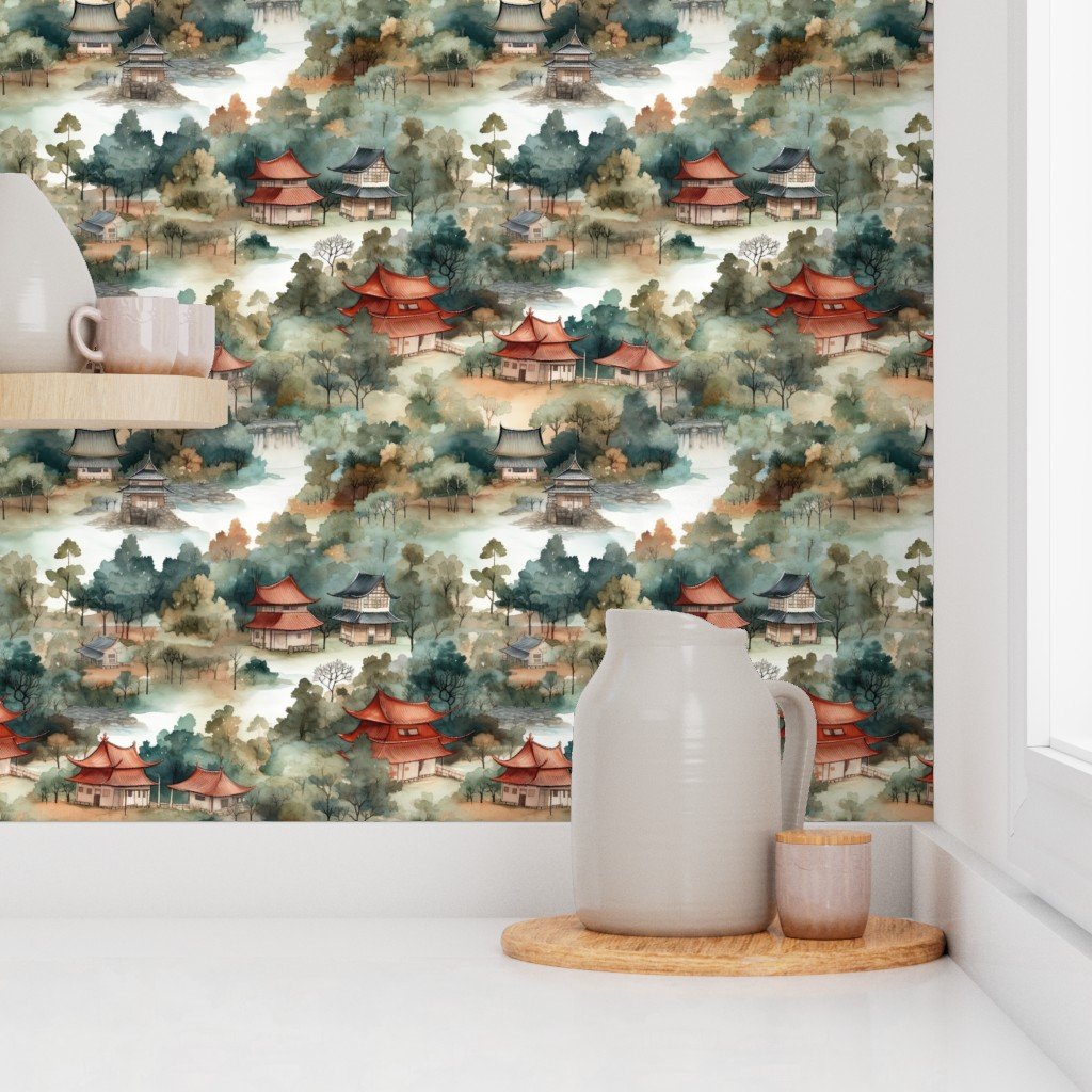 Small Chinese Village in Forest Watercolor Wallpaper