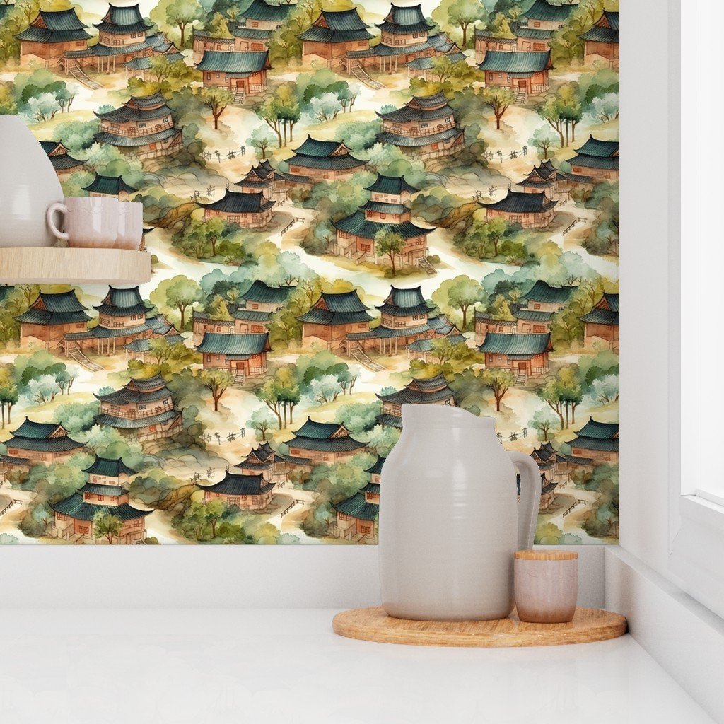 Small Chinese Village in Forest Watercolor Wallpaper