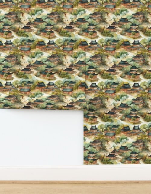 Small Chinese Village in Forest Watercolor Wallpaper