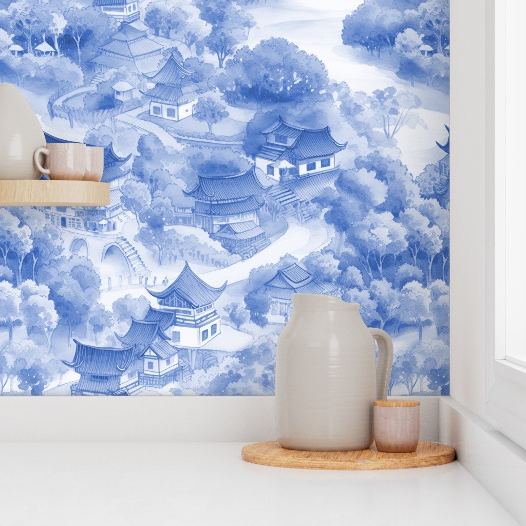 Small Chinese Village in Light Blue Porcelain Glaze Wallpaper