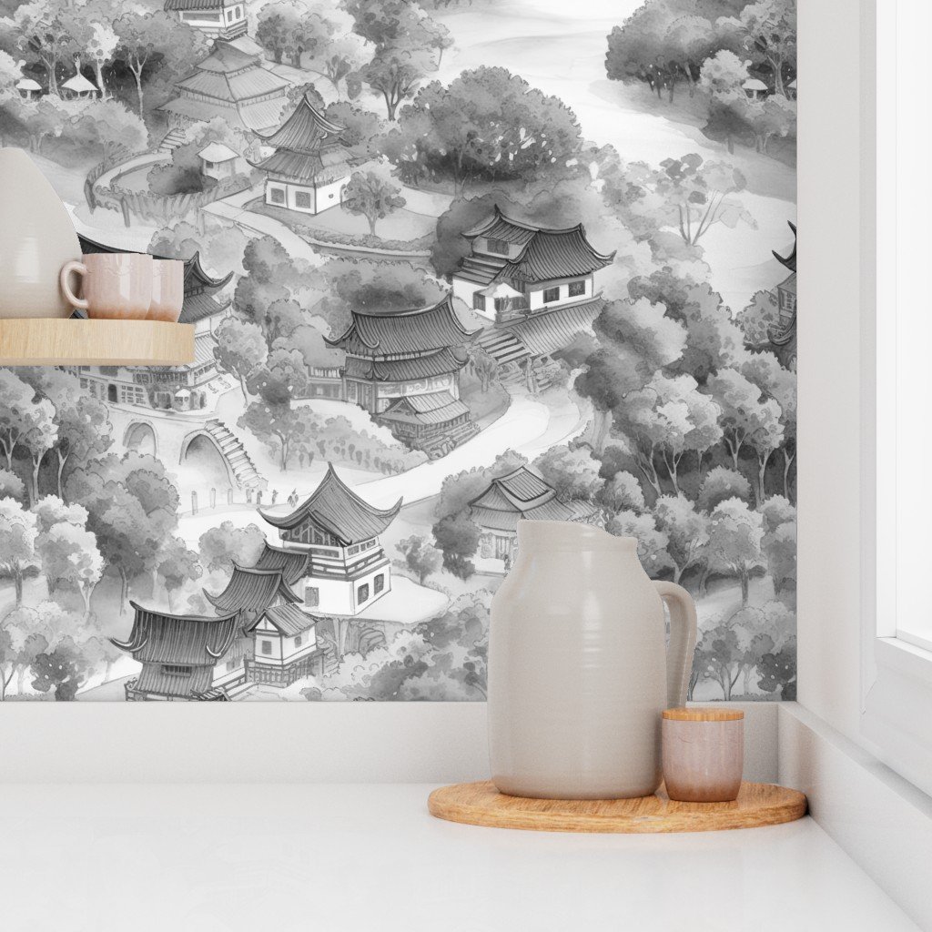 Small Chinese Village in Grey Porcelain Glaze Wallpaper