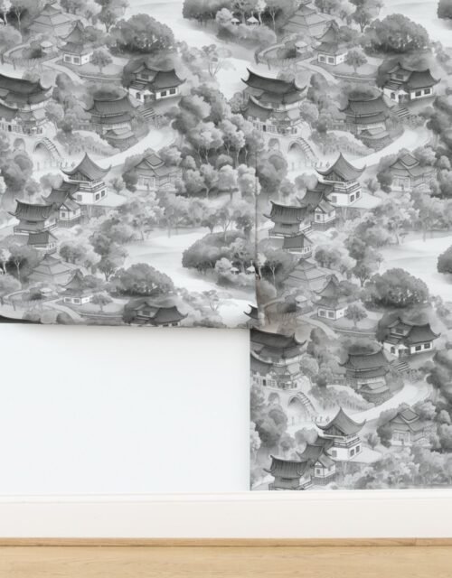 Small Chinese Village in Grey Porcelain Glaze Wallpaper