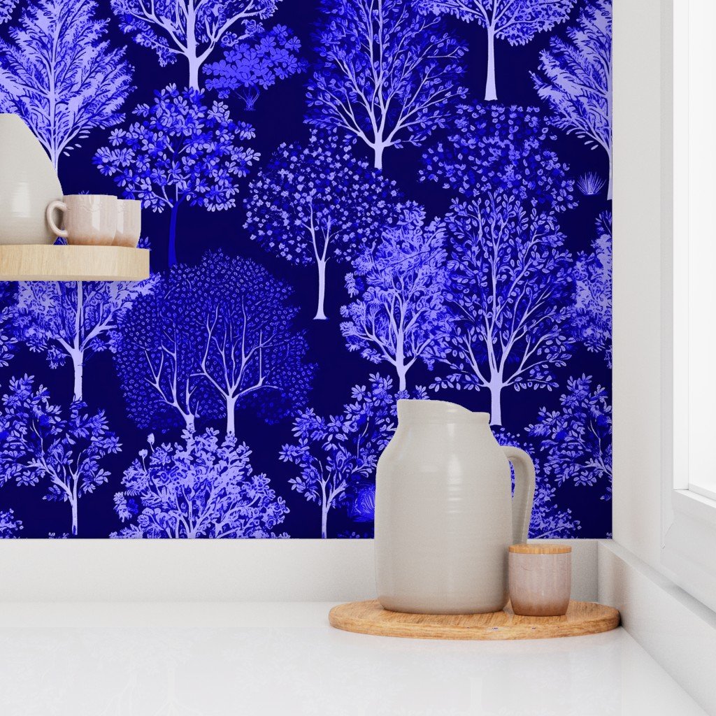 New England Endless Forest Trees Winter Royal Blue Porcelain Glaze Wallpaper