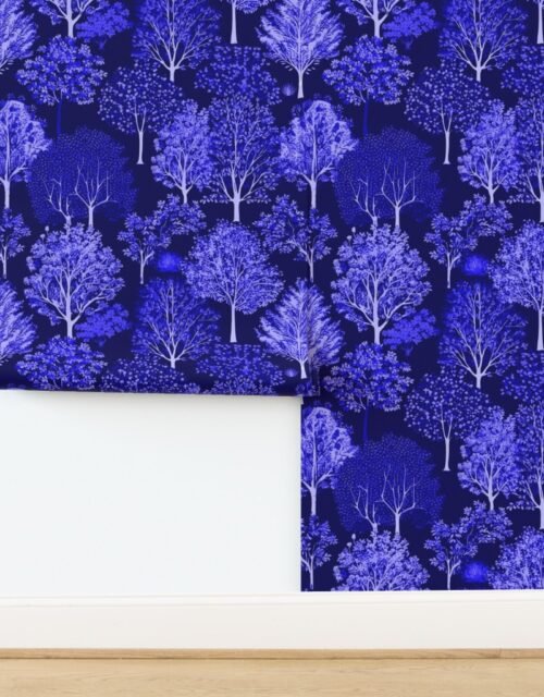 New England Endless Forest Trees Winter Royal Blue Porcelain Glaze Wallpaper