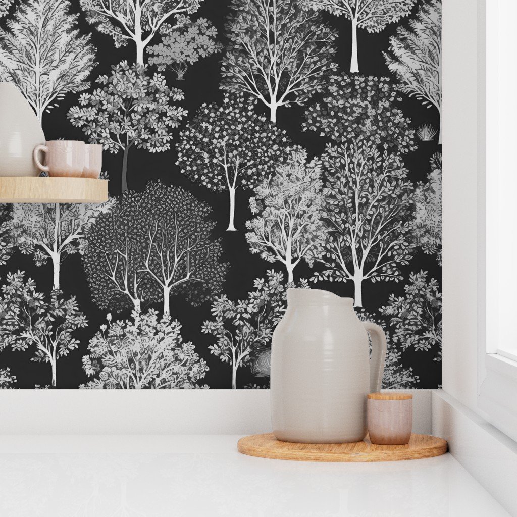 New England Endless Forest Trees Winter in Grey Porcelain Glaze Wallpaper