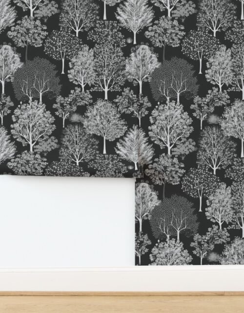 New England Endless Forest Trees Winter in Grey Porcelain Glaze Wallpaper