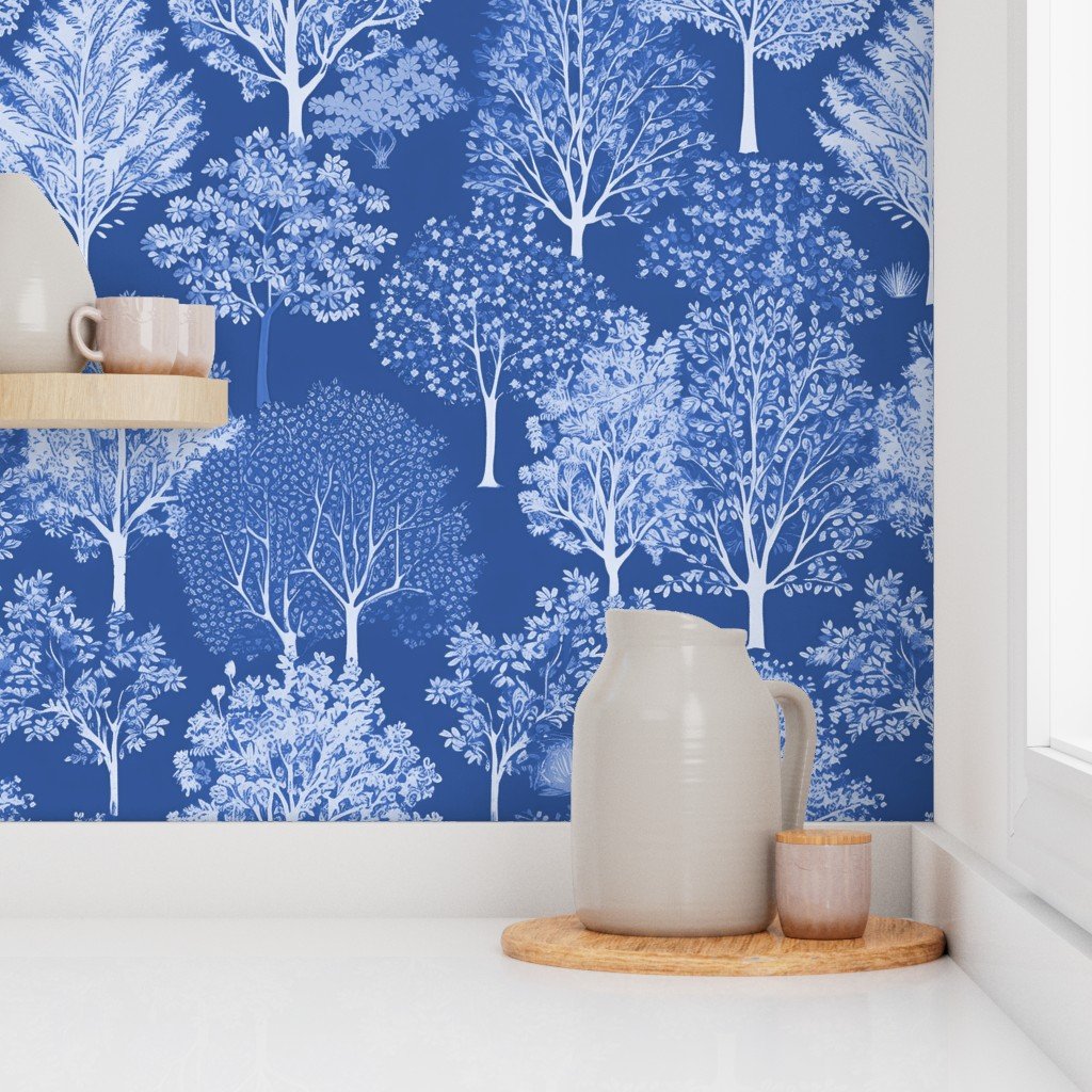 New England Endless Forest Trees Winter Light Blue Porcelain Glaze Wallpaper