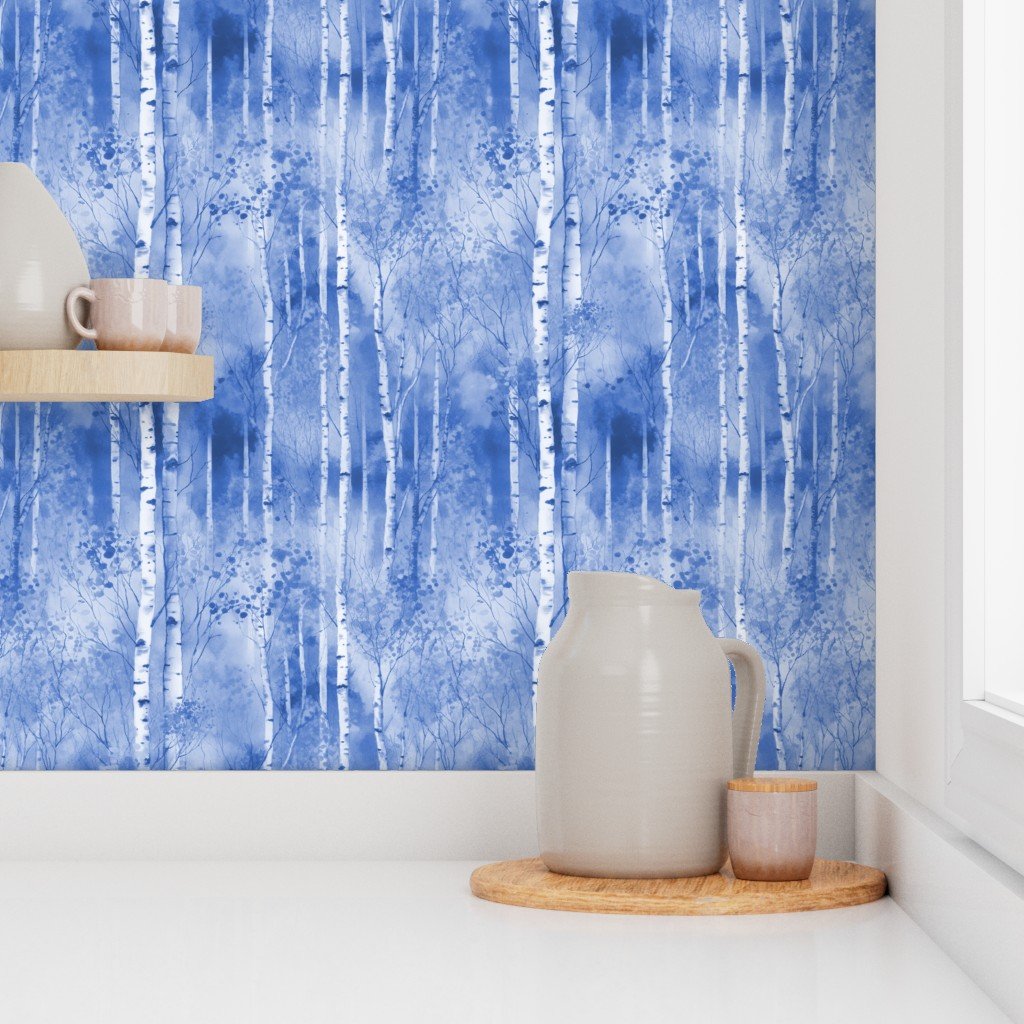 Endless Birch Tree Dreamscape Trees in Light Blue Porcelain Glaze Wallpaper