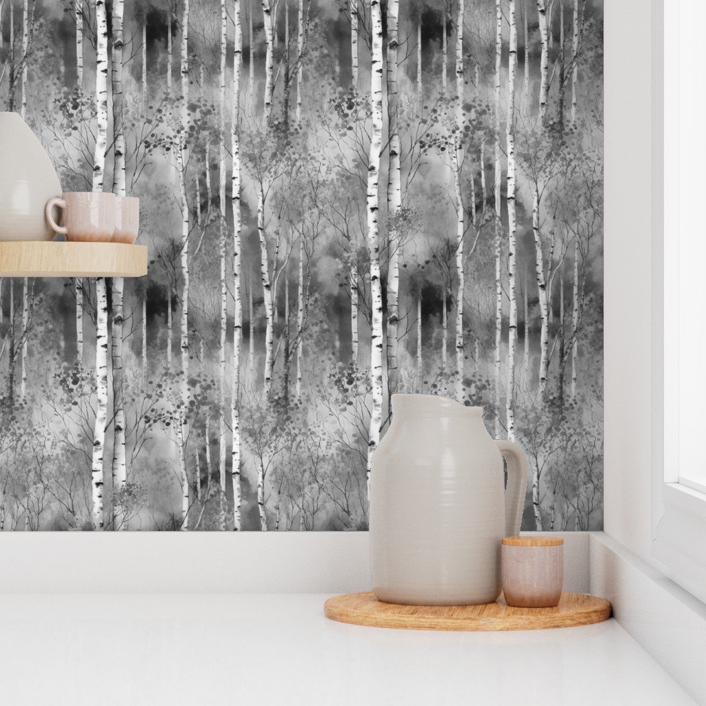 Endless Birch Tree Dreamscape Trees in Grey Porcelain Glaze Wallpaper