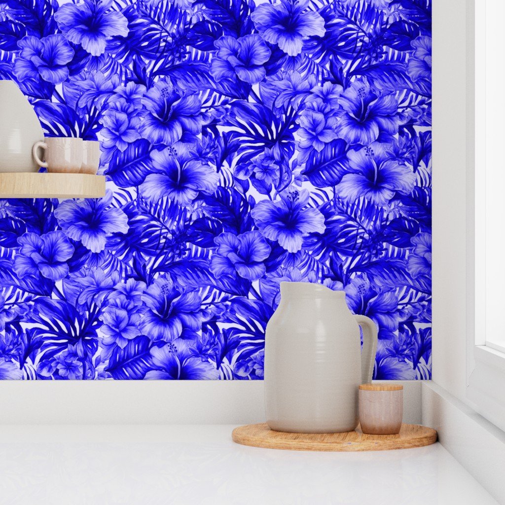 Vintage Hawaiian Hibiscus Watercolor in Royal Blue Porcelain Glaze Wallpaper