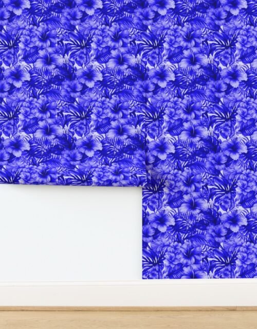 Vintage Hawaiian Hibiscus Watercolor in Royal Blue Porcelain Glaze Wallpaper