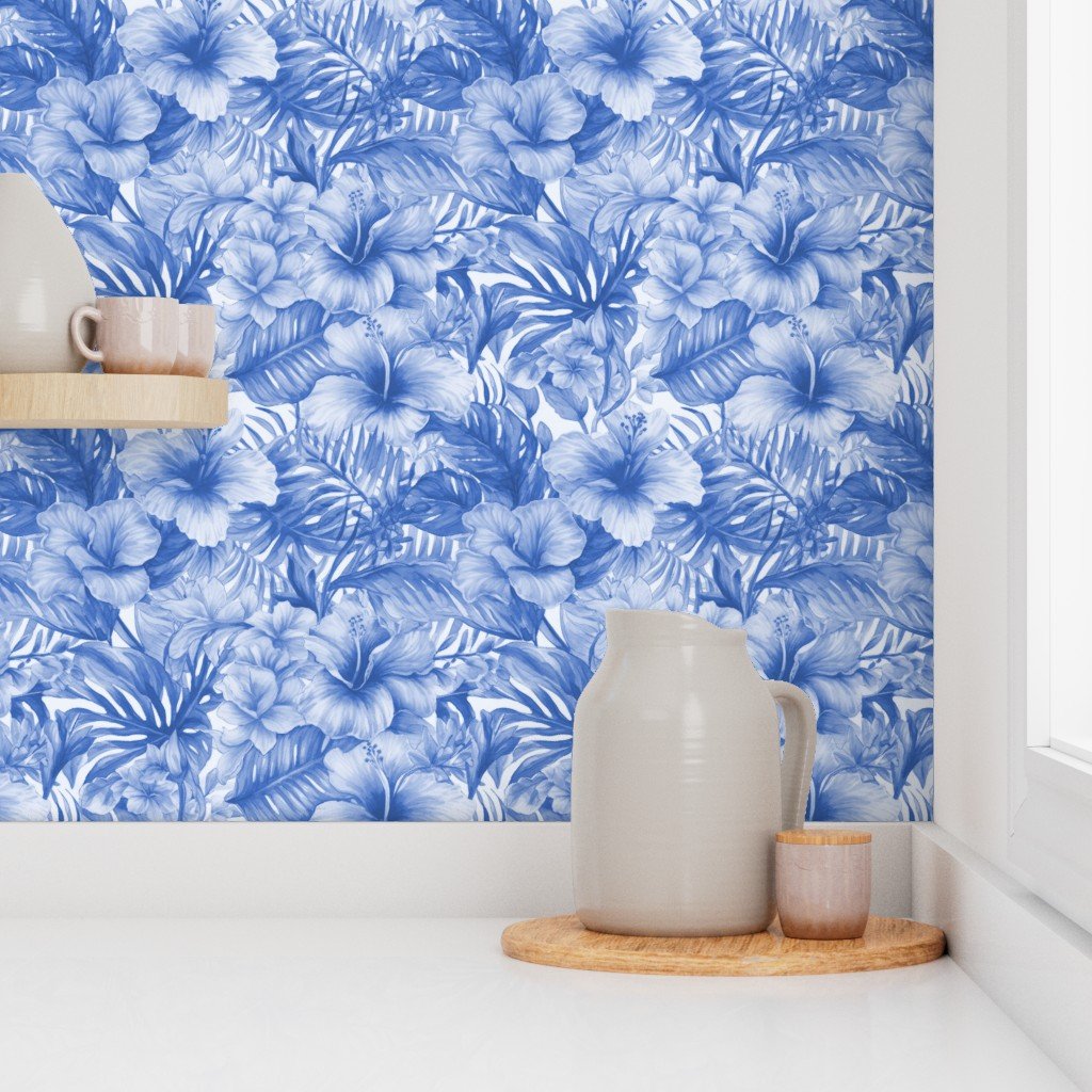 Vintage Hawaiian Hibiscus Watercolor in Light Blue Porcelain Glaze Wallpaper