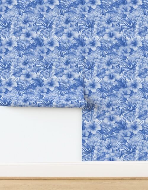 Vintage Hawaiian Hibiscus Watercolor in Light Blue Porcelain Glaze Wallpaper