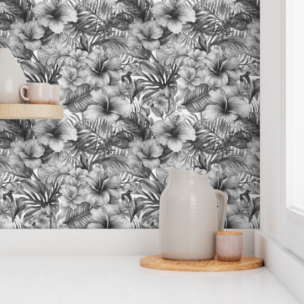 Vintage Hawaiian Hibiscus Watercolor in Grey Porcelain Glaze Wallpaper