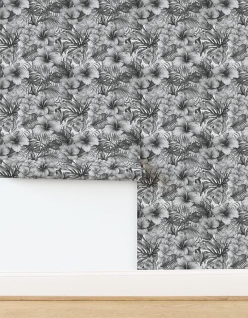 Vintage Hawaiian Hibiscus Watercolor in Grey Porcelain Glaze Wallpaper
