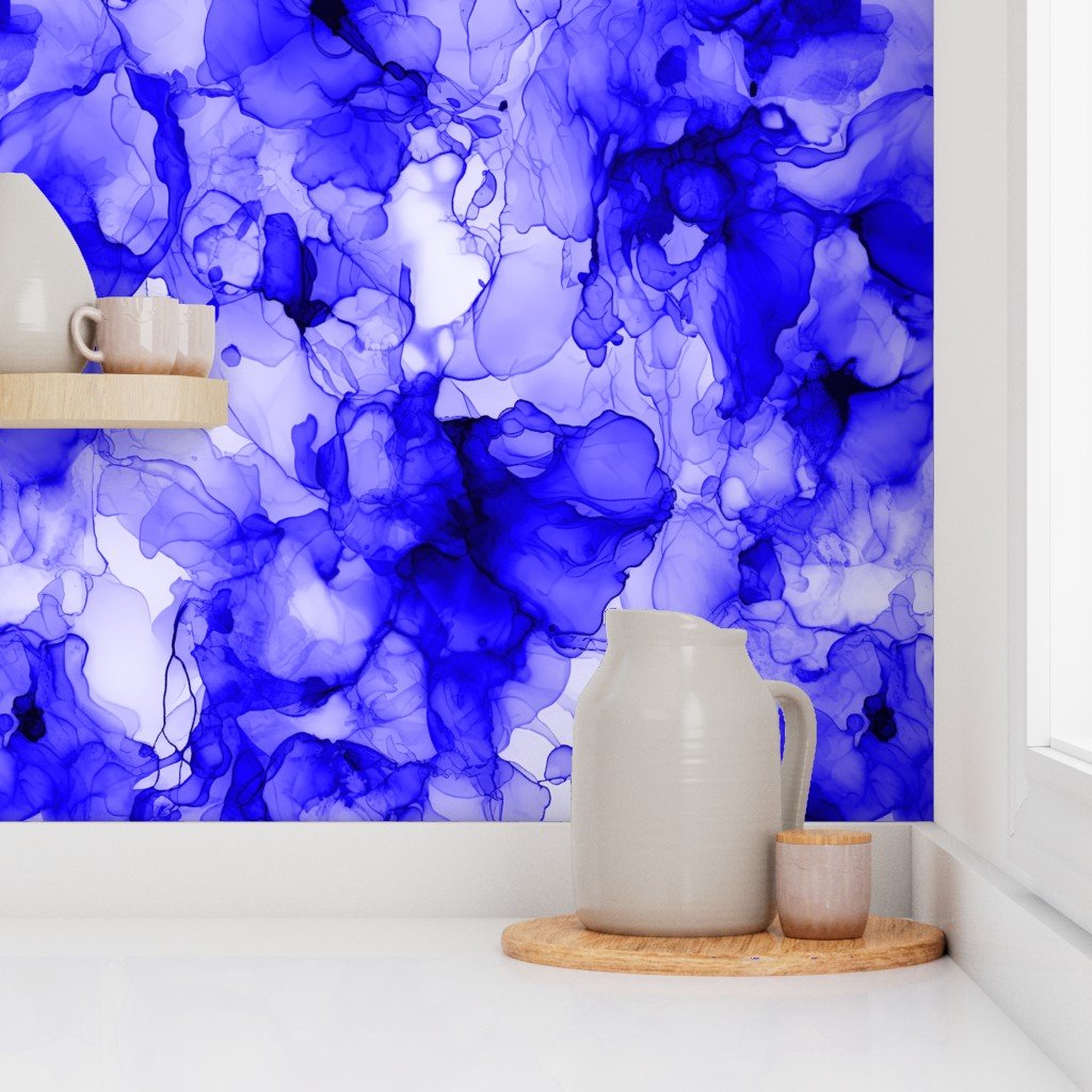 Alcohol Liquid Ink Swirls in Royal Blue Porcelain Glaze Wallpaper