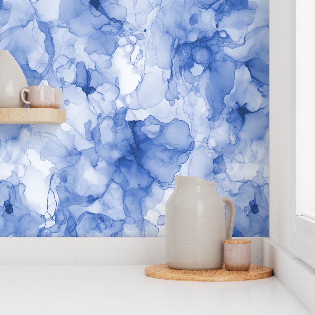Alcohol Liquid Ink Swirls in Light Blue Porcelain Glaze Wallpaper