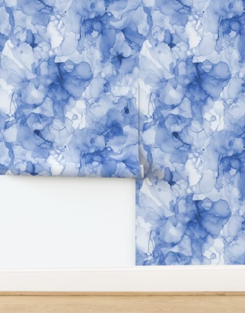 Alcohol Liquid Ink Swirls in Light Blue Porcelain Glaze Wallpaper