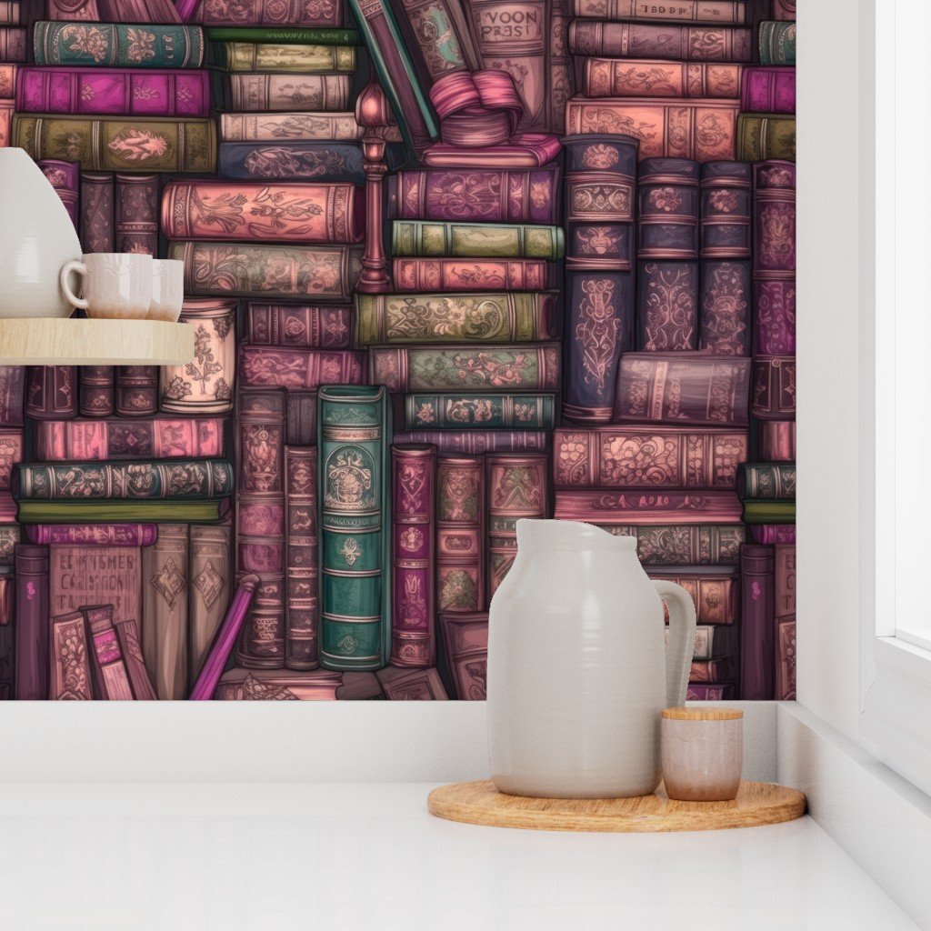 Pink Stacked Bound Vintage Books on Library Book Shelf Wallpaper